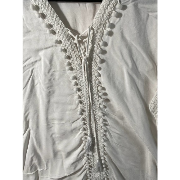 Boho Peasant Pom-Pom White Long Sleeve V-Neck Blouse One Size - Picture 3 of 7